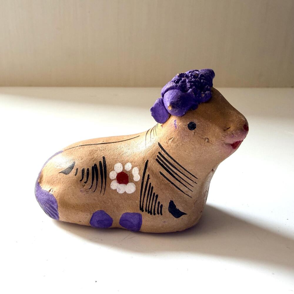 Vintage Tonala Mexican Folk Art Cow Bull Clay Pottery Nativity Figurine